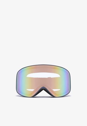 Skibril met een iriserend lens, zachte zwarte schuimvulling aan de binnenkant en een strak, afgerond ontwerp. Zichtbare regenboogkleuren op de lens.