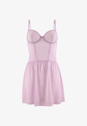 Lila nachthemd met stippenpatroon, doorschijnende stof, verstelbare banden, beugelbuste en geplooid rokdetail.