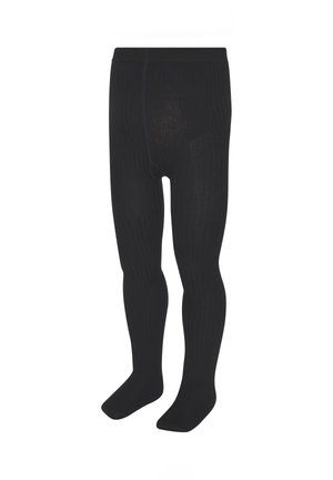 Black ribbed knit tights with feet, designed for infants or toddlers, shown against a white background.