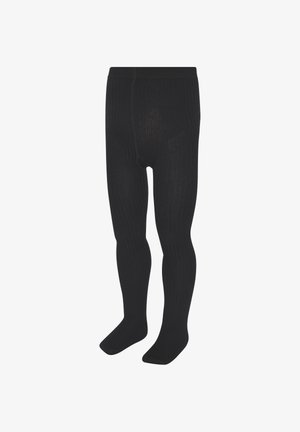 Schwarze, gerippte Strumpfhose mit Füßen, entworfen für Säuglinge oder Kleinkinder, vor weißem Hintergrund gezeigt.