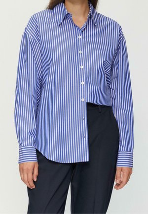 Vrouw draagt een blauw-wit verticaal gestreept overhemd dat is ingestopt in een zwarte broek, staand met ontspannen armen langs haar zij.