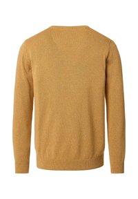 Mosterdgele trui met lange mouwen, ronde hals, geribbelde zoom en een gestructureerd oppervlak, met een eenvoudig en klassiek ontwerp.