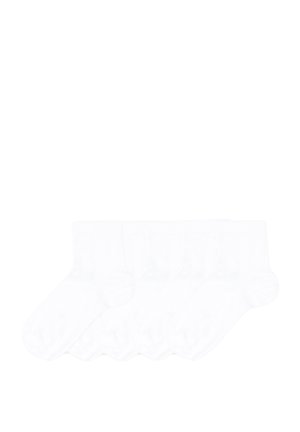 White cotton socks arranged in a row, featuring a smooth texture and ribbed cuffs. The set includes five pairs.