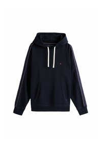Donkerblauwe hoodie met een frontzak, verstelbare trekkoord en contrasterende rode en witte strepen op de mouwen. Zacht katoenmateriaal.