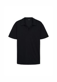 Polo noir à manches courtes avec col ouvert, en tissu lisse, présenté à plat sur fond blanc.