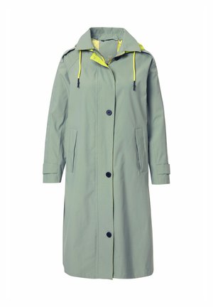 Trench coat impermeabile di un verde chiaro con colletto, lacci gialli, bottoni frontali e tasche laterali. Tessuto liscio, lunghezza fino al ginocchio.