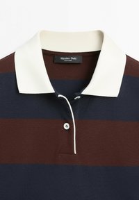 Polo a maniche corte con ampie strisce orizzontali marroni e blu navy, bottoni bianchi e colletto bianco a contrasto. Etichetta con la scritta Massimo Dutti.