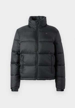 Black padded jacket with high collar, zip front, and two side pockets. Features quilted texture and elastic cuffs for fit.