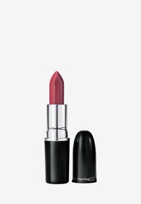 Rouge à lèvres MAC dans une teinte rose profond mate, contenu dans un boîtier cylindrique noir avec une bande métallique argentée et un logo en relief. Capuchon retiré.