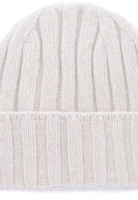 Beanie lavorato a maglia in beige chiaro con motivo a coste verticali, caratterizzato da un risvolto. Texture morbida con una finitura liscia.