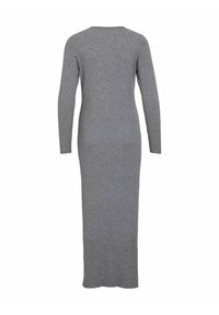Gray ribbed knit dress with long sleeves and a round neckline, featuring a form-fitting silhouette and a maxi length.