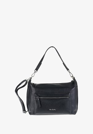 Sac à main en cuir noir, au toucher doux, avec une poche frontale zippée. Dispose d'une bandoulière amovible et d'accents en métal argenté.