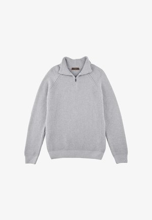 Grauer gerippter Strickpullover mit Reißverschlusskragen, Raglanärmeln und lockerer Passform. Verfügt über eine dezente Struktur und ein Etikett am Halsausschnitt.