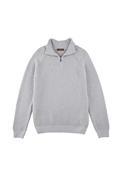 Grauer gerippter Strickpullover mit Reißverschlusskragen, Raglanärmeln und lockerer Passform. Verfügt über eine dezente Struktur und ein Etikett am Halsausschnitt.