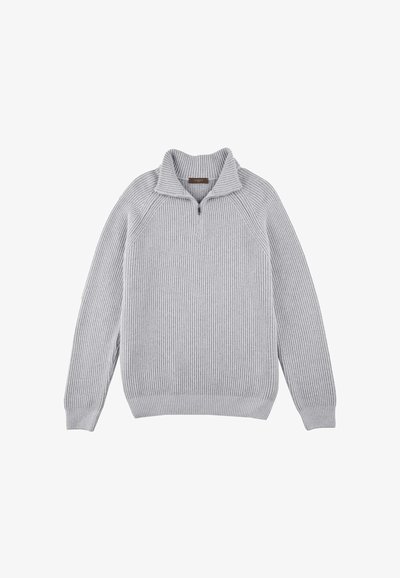 Grijze geribbelde gebreide trui met een ritskraag, raglanmouwen en een relaxte pasvorm. Heeft een subtiele textuur en een label bij de hals.
