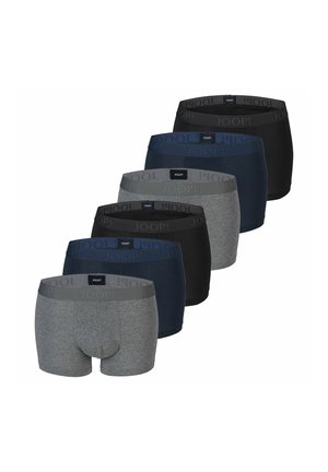 Sechs Paar Herren-Boxershorts in Grau, Navy und Schwarz, angeordnet in zwei diagonalen Reihen mit sichtbaren markierten Bündchen "JOOP!".