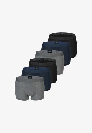Sechs Paar Herren-Boxershorts in Grau, Navy und Schwarz, angeordnet in zwei diagonalen Reihen mit sichtbaren markierten Bündchen "JOOP!".