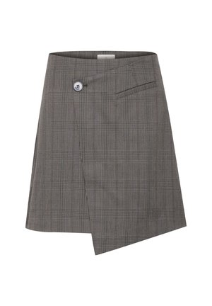 Gonna a quadri grigi con design avvolgente, dotata di chiusura a pulsante e tasca laterale. Il tessuto ha una texture liscia con linee verticali e orizzontali.