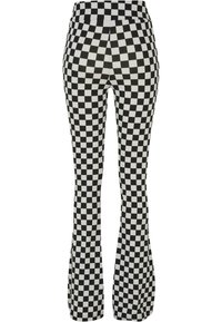 Schwarz-weiße kariertes, ausgestelltes Hosen mit einem elastischen Bund. Das Material wirkt glatt und hat ein eng anliegendes Design, das bis zum Knöchel reicht.