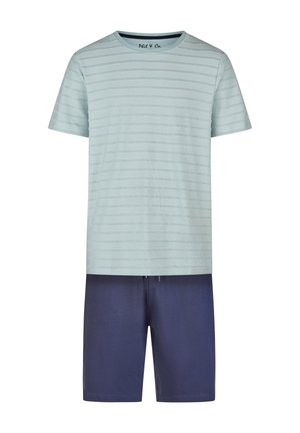 Light blue short-sleeve striped T-shirt paired with solid dark blue knee-length shorts.