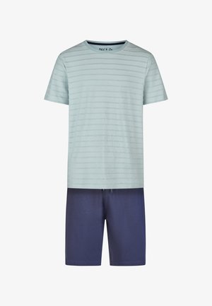 Light blue short-sleeve striped T-shirt paired with solid dark blue knee-length shorts.