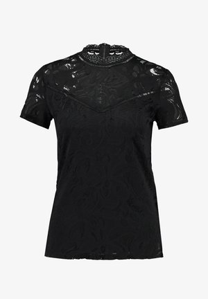 Czarna koronkowa bluzka z krótkimi rękawami, wysokim dekoltem, kwiatowym wzorem i przezroczystą nakładką. Posiada zapięcie w kształcie łezki z tyłu oraz teksturowany materiał.