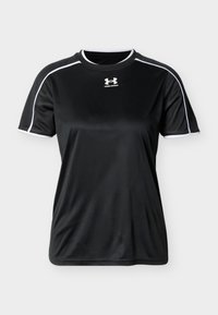 Μαύρο αθλητικό μπλουζάκι Under Armour με κοντό μανίκι, με λευκή επένδυση στα μανίκια και το γιακά, με το λογότυπο της Under Armour στο στήθος.