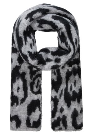 Écharpe tricotée grise avec un motif léopard noir, pliée en boucle lâche.