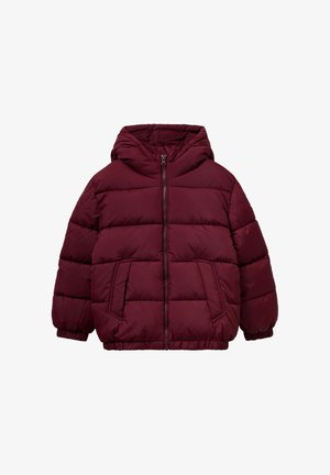 Burgundowa kurtka puchowa z kapturem, z zamkiem błyskawicznym z przodu, dwoma bocznymi kieszeniami i elastycznymi mankietami. Projekt jest pikowany i ocieplany.
