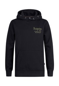 Felpa nera realizzata in tessuto misto cotone, con tasca frontale, cappuccio con cordino e logo stampato verde con la scritta "Petrol Ind. Co. Alaska U.S.A. 1989."