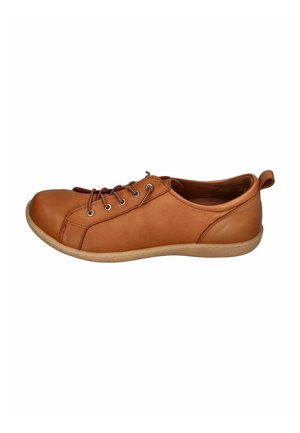 Casual brown leather lace-up shoe with beige sole and stitching detail, designed for comfort and everyday wear.