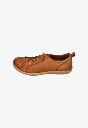 Casual brown leather lace-up shoe with beige sole and stitching detail, designed for comfort and everyday wear.