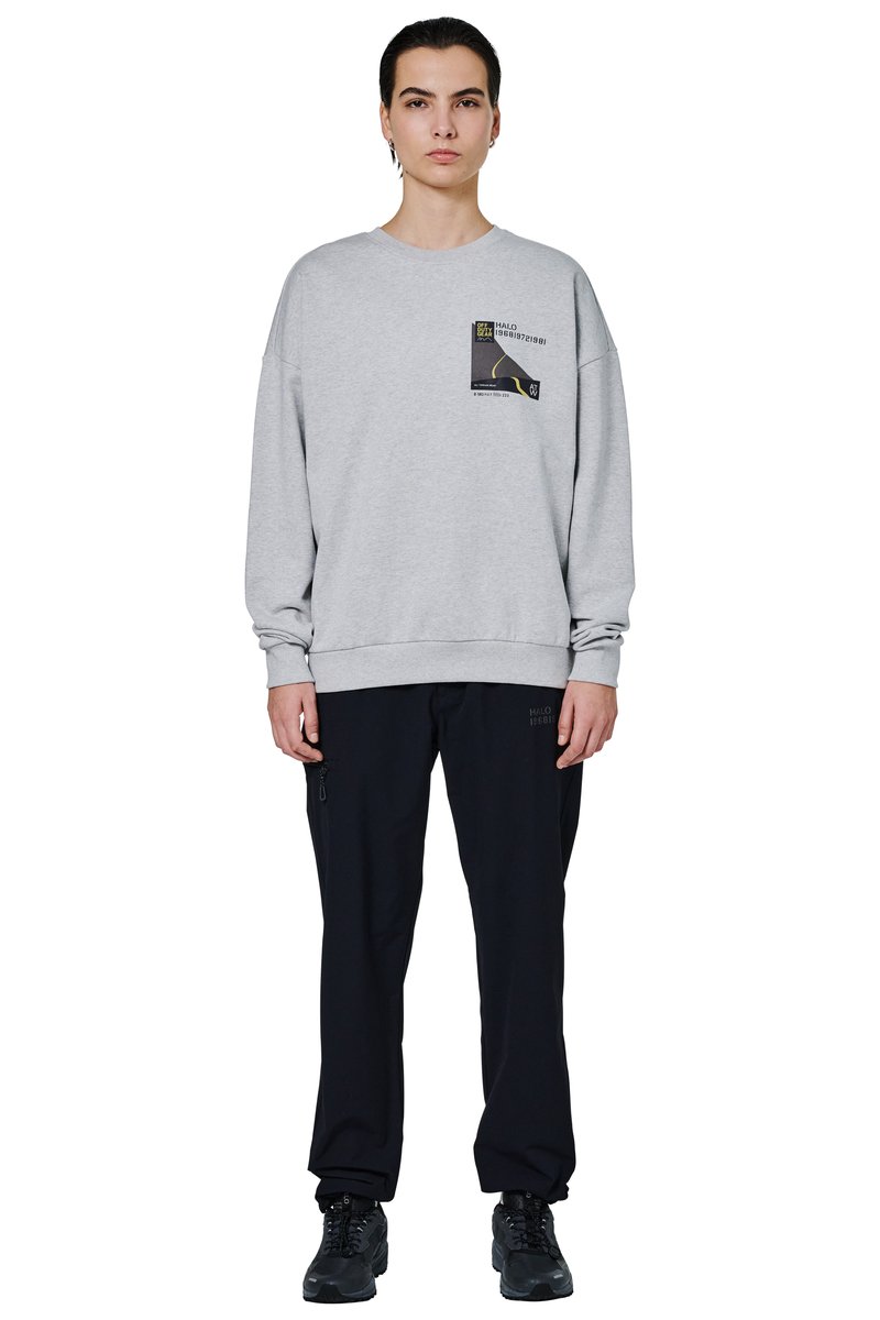 Młoda osoba o czarnych włosach, ubrana w jasnoszarą bluzę z logo na piersi oraz czarne spodnie i czarne trampki, stojąca.