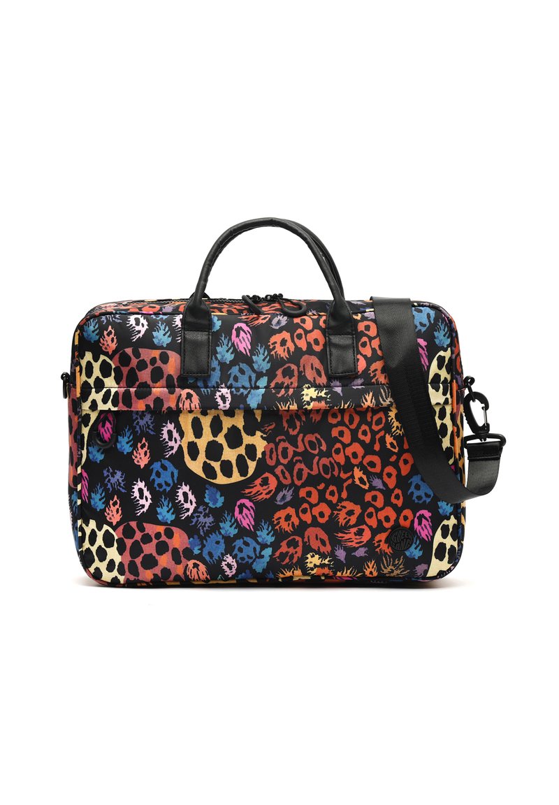Bunte Laptoptasche mit schwarzem Grund und mehrfarbigem Tierdruck, schwarzen Ledergriffen und verstellbarem Schultergurt.