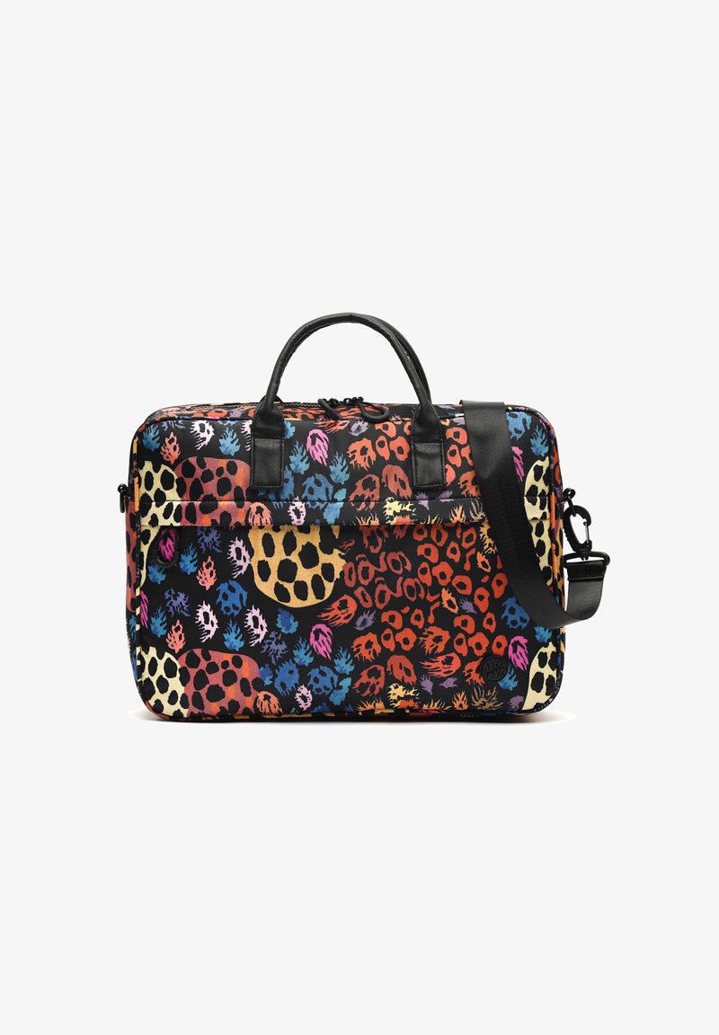 Bunte Laptoptasche mit schwarzem Grund und mehrfarbigem Tierdruck, schwarzen Ledergriffen und verstellbarem Schultergurt.