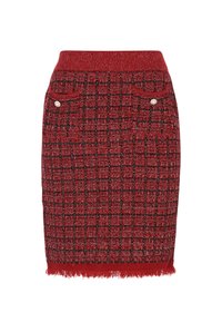 Piros tweed szoknya szőtt textúrával, bordázott derékrésszel, két elülső zsebbel gyöngy díszítéssel és francia szegéllyel.