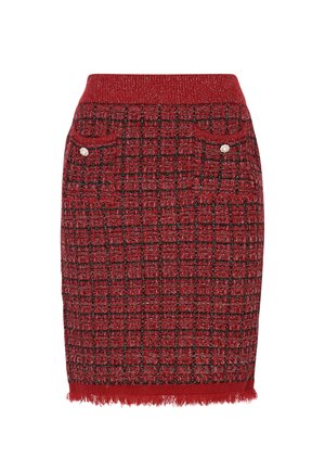 Rode tweed rok met een geweven textuur, voorzien van een geribde tailleband, twee voorzakken met parelaccenten en een franjerand.