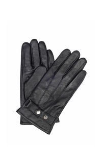 Czarne skórzane rękawiczki o dopasowanym kroju, z delikatnymi detalami w postaci przeszyć oraz zapięciem na nap przy nadgarstku zapewniającym bezpieczne zamknięcie.