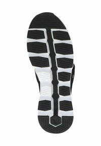 Svart och vit atletisk skosula med ett geometriskt mönster och upphöjda detaljer för grepp och stabilitet. Texturerad och hållbar design.