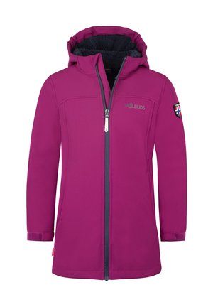 Purple children's hooded winter jacket with full zipper, soft black lining, and Trollkids logo on chest and arm patch.