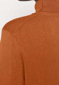 Pull à col roulé orange rouille, présentant un design en tricot texturé, une silhouette ajustée et des accents côtelés au niveau du col et des coutures d'épaule.