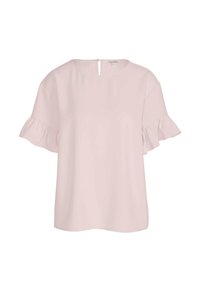Helle rosa Bluse aus glattem Stoff, mit rundem Ausschnitt und kurzen, gerafften Ärmeln. Rückenschluss mit einem kleinen Schlüsselaugen-Detail.
