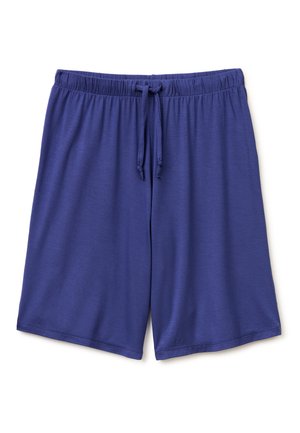 Pantalones cortos azules con cintura elástica y cordón ajustable, hechos de tela suave y diseñados para uso casual o deportivo.