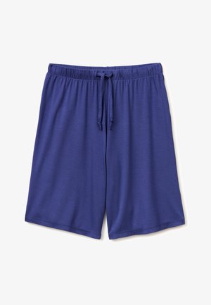Shorts à taille élastique bleue avec cordon de serrage, fabriqués en tissu doux et conçus pour une tenue décontractée ou sportive.