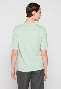 Lys grøn kortærmet t-shirt, lavet af blødt materiale, med en rund halsudskæring og rullede manchetter, med en enkel, glat tekstur.