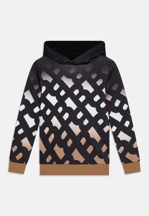 Hoodie lavet af blødt stof; har et gradientmønster fra sort til beige, med et fremtrædende sort sammenflettet design og brune mansjetter.