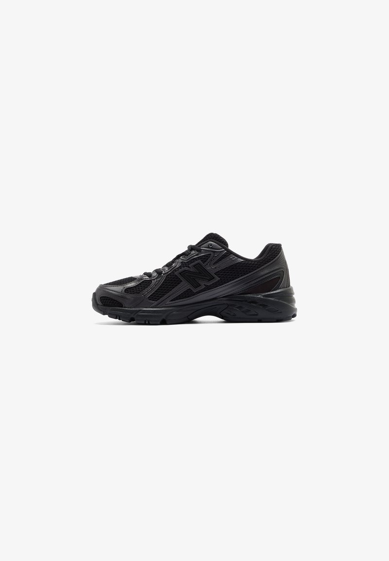 Black athletic shoes with a mesh and synthetic upper, rounded toe, lace closure, cushioned sole, and textured side panels.