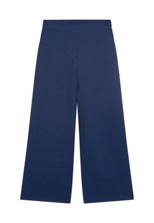 Marineblaue Weitbeine-Hosen mit glatter Textur, elastischem Bund und ohne sichtbare Verschlüsse oder Taschen. Klassisches, minimalistisches Design.