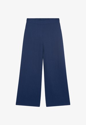 Marineblauwe wijde broek met een gladde textuur, elastische tailleband en zonder zichtbare sluitingen of zakken. Klassiek, minimalistisch ontwerp.