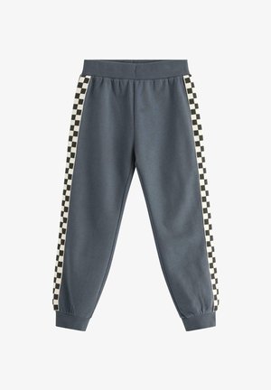 Grijze trainingsbroek met zwart-witte geblokte zijstrepen, een elastische tailleband en enkels voor een strakke pasvorm.